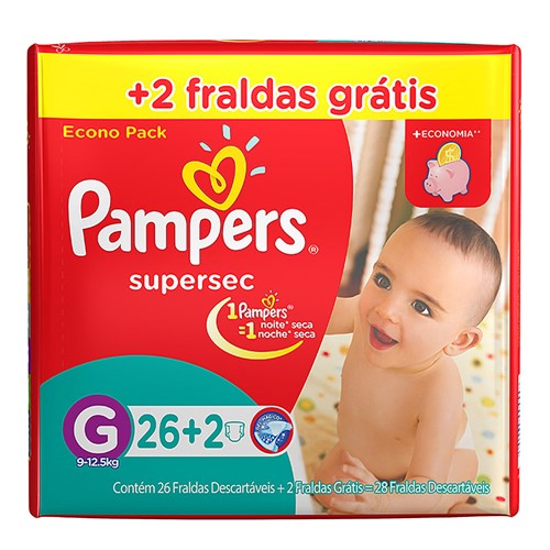 Fralda Pampers Supersec Tamanho G Pacotão Econômico com 26 Fraldas Descartáveis + 2 Fraldas Grátis