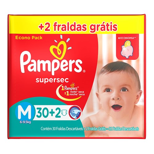 Fralda Pampers Supersec Tamanho M Pacotão Econômico com 30 Fraldas Descartáveis + 2 Fraldas Grátis