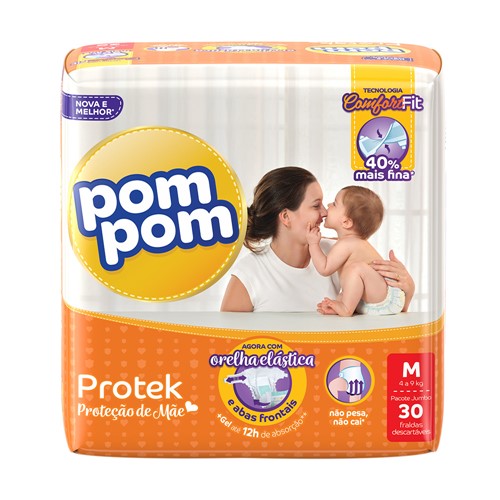 Fralda Pom Pom Protek Proteção de Mãe Tamanho M Pacote Jumbo 30 Fraldas Descartáveis