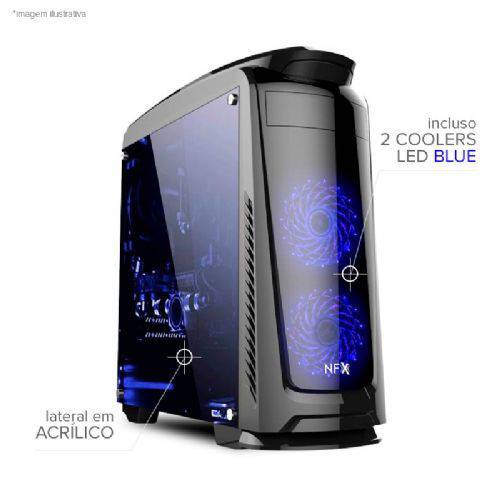 Gabinete Nfx Gamer Darkface 2 Preto com 2 Coolers Led Azul e Lateral em Acrílico (sem Fonte)