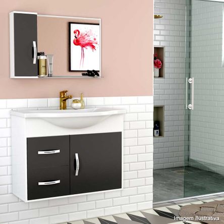 Gabinete para Banheiro Apus 80cm com Lavatório e Espelheira Branco e Preto Cerocha