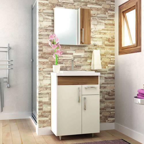 Gabinete para Banheiro com Espelheira e Cuba Fit Móveis Bosi Branco/Nogal