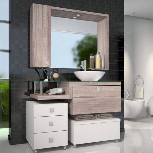 Gabinete para Banheiro com Espelheira Vicenza Celta Móveis não Acompanha Cuba Branco/Nogal Griss