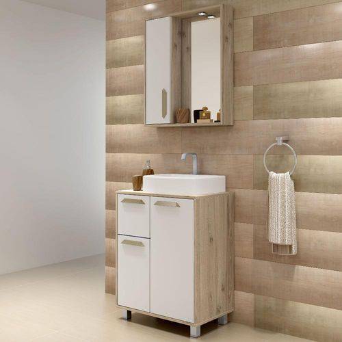 Gabinete para Banheiro com Pés e Espelheira Balcony Lux 60cm - BRANCO SUPREMO/CABERNET