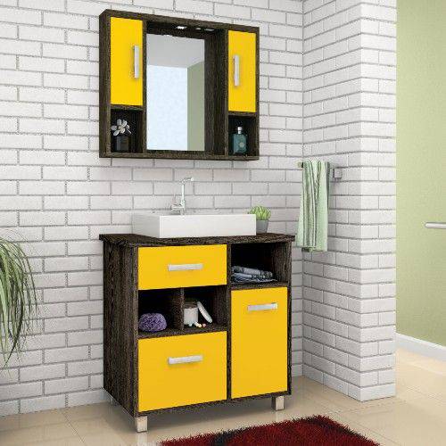 Gabinete para Banheiro com Pés Espelheira e Cuba Belizze Bruxelas 77cm Ébano/Amarelo