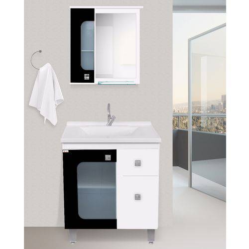 Gabinete para Banheiro com Pés Espelheira e Cuba Patinada Fabribam Lys 80Cm Branco/Preto