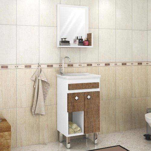 Gabinete para Banheiro com Pés Espelheira e Tampo Belizze Ferrara 44cm Branco/rústico