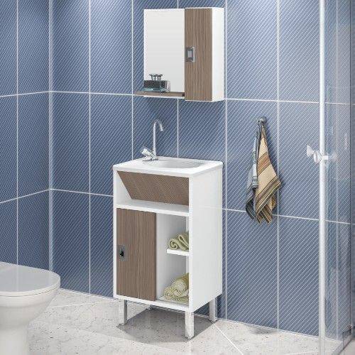 Gabinete para Banheiro com Pés Espelheira e Tampo Belizze Gênova Especial 44cm Branco/cinza Brilho
