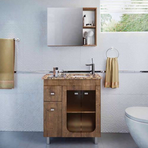 Gabinete para Banheiro com Pés Espelheira e Tampo de Granito Gaam Roma 76,2Cm Wengue