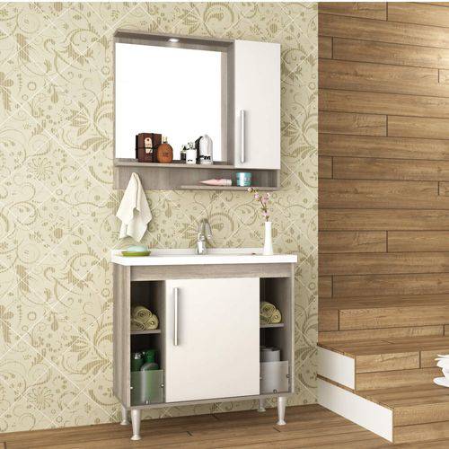 Gabinete para Banheiro Lavatório e Armário com Espelho 80cm Brisa Móveis Bosi Barrique/Branco