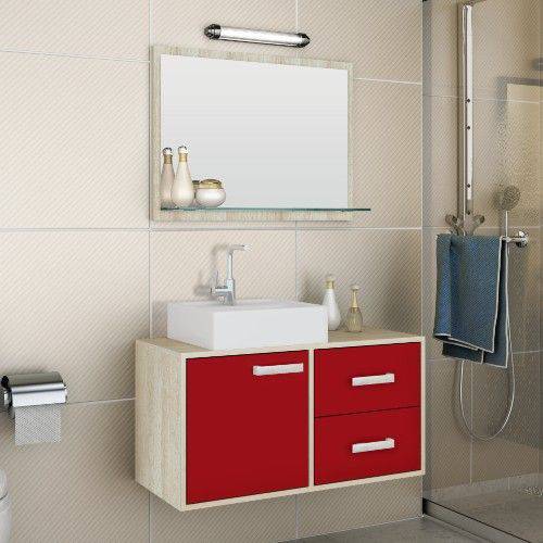 Gabinete para Banheiro Suspenso com Espelheira e Cuba Belizze Ideal 80cm Carvalho/Vermelho