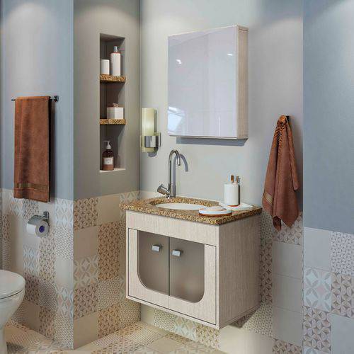 Gabinete para Banheiro Suspenso com Espelheira e Tampo de Granito Gaam Amarelo Siena 56,8Cm Rovere
