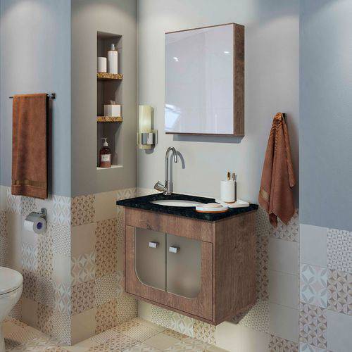 Gabinete para Banheiro Suspenso com Espelheira e Tampo de Granito Verde Gaam Siena 56,8Cm Wengue