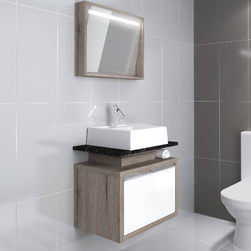 Gabinete para Banheiro Suspenso com Espelheira Tampo de Granito e Cuba Duna Pietra 60Cm Grigio/Branc