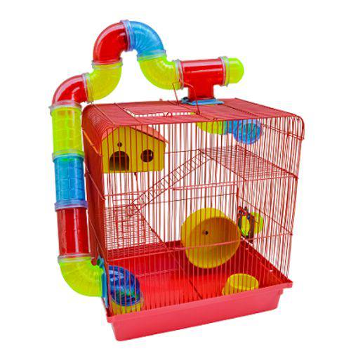 Gaiola 3 Andares Vermelha para Hamster com Tubo Labirintos Coloridos