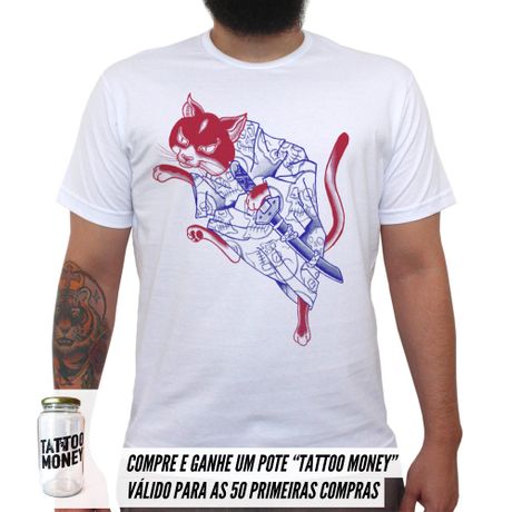 Gato Samurai - Camiseta Clássica Masculina