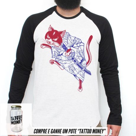 Gato Samurai - Camiseta Raglan Manga Longa Masculina