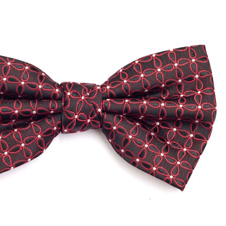 Gravata Borboleta Preta com Desenhos Geometricos Vermelho e Pontos em Branco