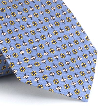 Gravata Estampada em Seda Pura Flowes And Bee Azul Claro com Amarelo