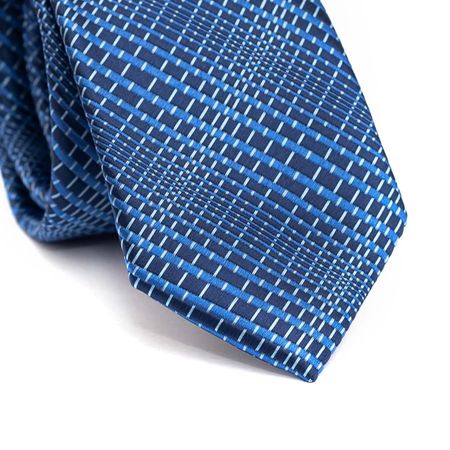 Gravata Slim em Poliéster Azul Marinho com Desenhos Geometricos em Tons de Azul
