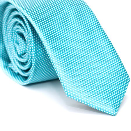 Gravata Slim em Poliéster Azul Tiffany com Detalhes em Branco na Trama