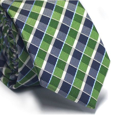 Gravata Slim em Poliéster Xadrez Verde e Azul com Detalhes em Branco e Azul