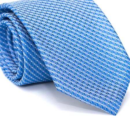 Gravata Tradicional em Poliéster Azul com Desenhos Geométricos Azul Claro e Branco