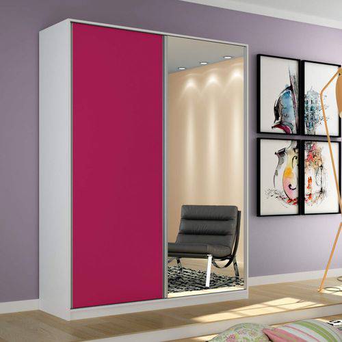 Guarda Roupa Solteiro com Espelho 2 Portas de Correr Terrazo Reis & Bueno Branco/Rosa