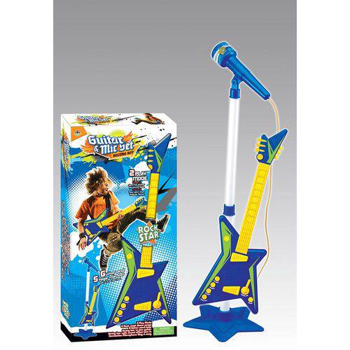 Guitarra Eletronica Microfone Karaoke Pedestal Azul
