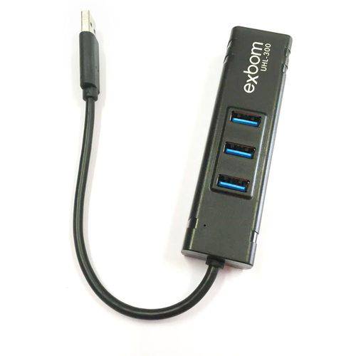 Hub USB 3 Portas 3.0 + Adaptador USB para Rj45 Placa de Rede Externa 10/100/1000 Mbps Exbom Uhl-300
