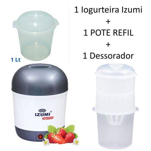 Iogurteira Elétrica Cinza Izumi Bivolt 1 Litro + Dessorador para Iogurte Grego + Pote Refil