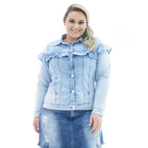 Jaqueta Feminina Jeans com Babado Plus Size