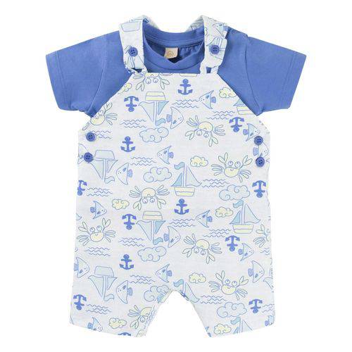 Jardineira Infantil Masculino Curto Estampa Mar com Camiseta Azul - Din Don