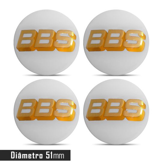 Jogo 4 Emblema Roda BBS Branco com Dourado 51mm