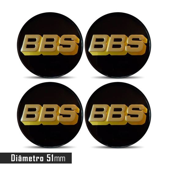 Jogo 4 Emblema Roda BBS Preto com Dourado 51mm
