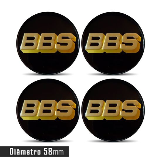 Jogo 4 Emblema Roda BBS Preto com Dourado 58mm