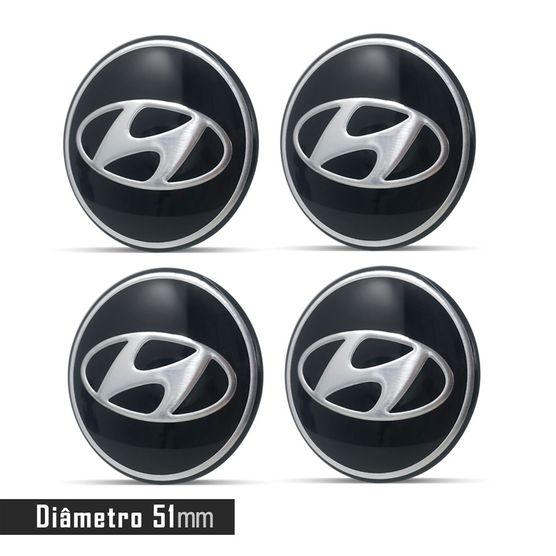 Jogo 4 Emblema Roda Hyundai Preto 51mm.