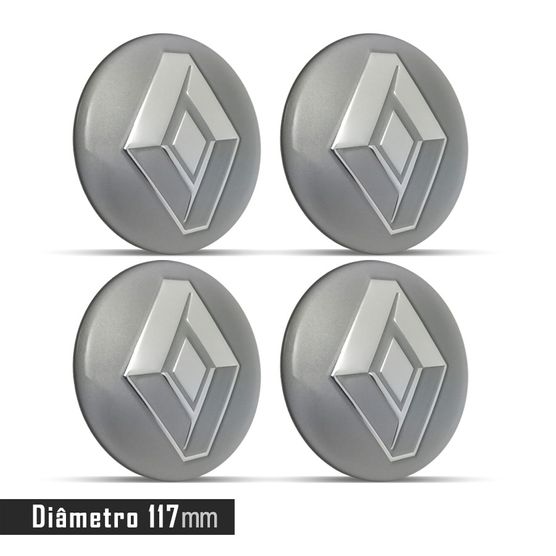 Jogo 4 Emblema Roda Renault Cinza 117mm.
