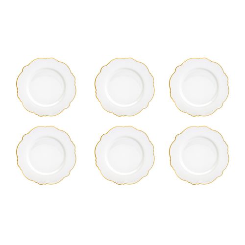 Jogo 6 Pratos para Sobremesa em Porcelana Branco e Dourado 21cm