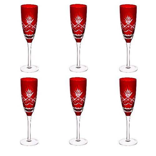 Jogo 6 Taças 150ml Vidro para Champagne Lapidadas Tropicalis Vermelho Lyor - L6603