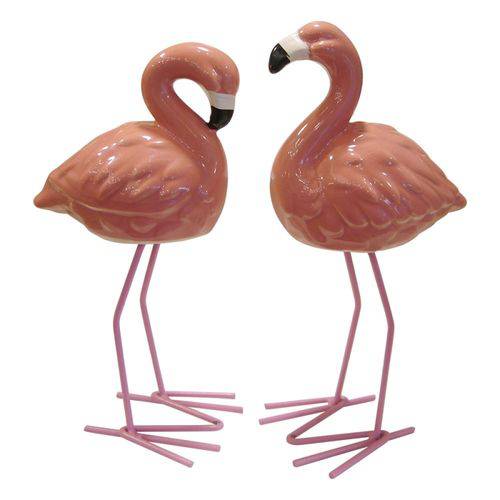 Jogo C/ 2 Flamingos Decorativos de Cerâmica
