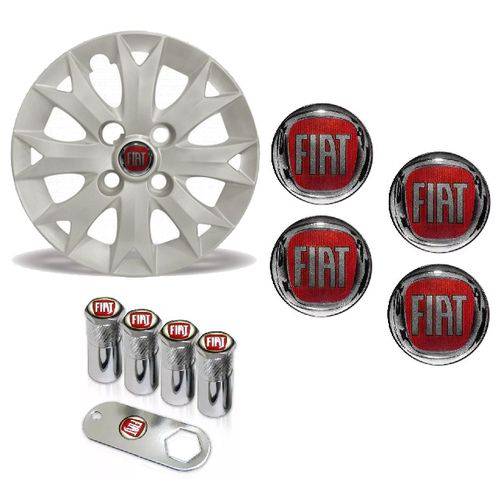 Jogo Calota Aro 13 Fiat Palio Fire 2014 Grid + Emblema Resinado + Tampa Ventil