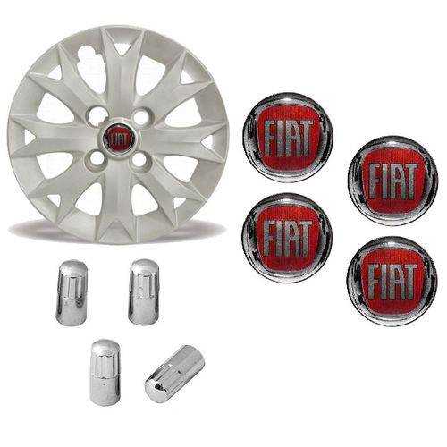 Jogo Calota Aro 13 Fiat Palio Fire 2014 Grid Prata + Emblema Resinado + Tampa Ventil Cromada