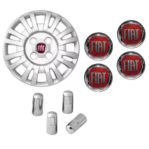 Jogo Calota Aro 13 Fiat Uno Mille Fire Grid + Emblema Resinado + Tampa Ventil Cromada