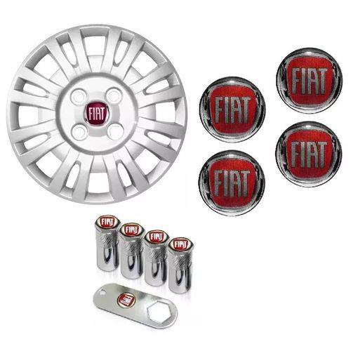 Jogo Calota Aro 13 Fiat Uno Mille Fire Grid + Emblema Resinado + Tampa Ventil