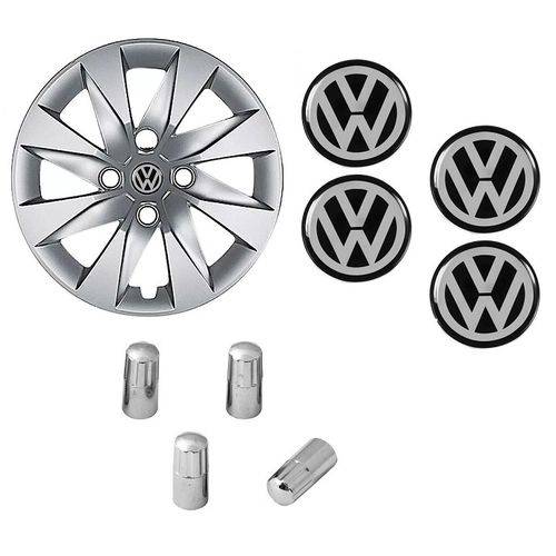 Jogo Calota Aro 13 Up 2015 Volkswagen Grid Prata + Emblema Resinado + Tampa Ventil Cromada