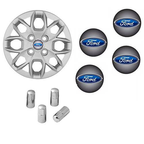 Jogo Calota Aro 14 Ford Ka Sedan Hatch 2015 Grid Prata + Emblema Resinado + Tampa Ventil Cromada
