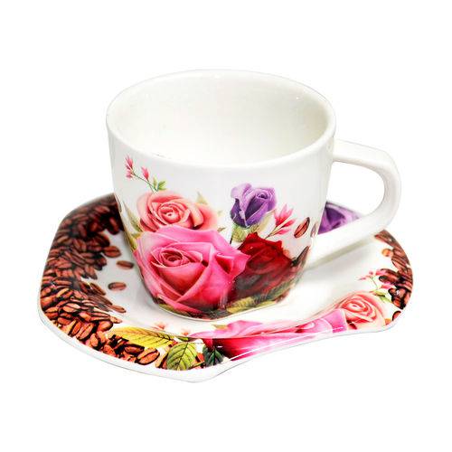 Jogo de Café com 12 Peças Rosas 90ml de Porcelana DMP2550 DM BRASIL