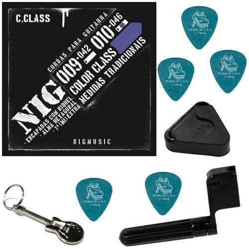 Jogo de Cordas Nig Color Class Azul 010 046 P/ Guitarra N1643 + Kit IZ1