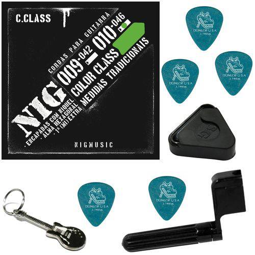 Jogo de Cordas Nig Color Class Verde 010 046 P/ Guitarra N1644 + Kit IZ1